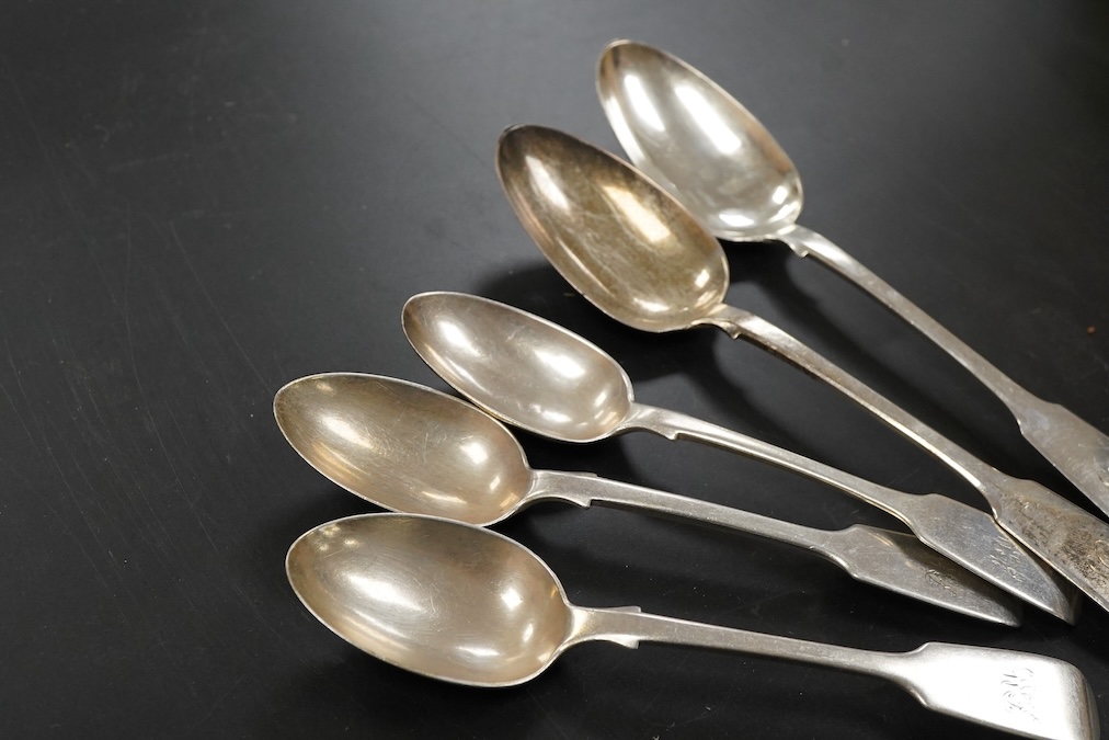 A pair of William IV silver fiddle pattern tablespoons and three Victorian fiddle pattern dessert spoons first length 22.5cm., weight approx. 9.21ozt